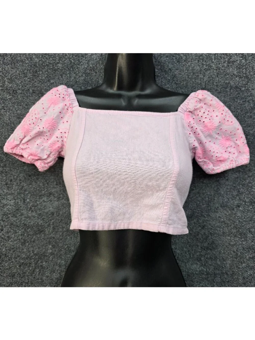 Coquette Y2K Eyelet Puff Sleeve Crop Top Youth M Pink Cottagecore Barbiecore